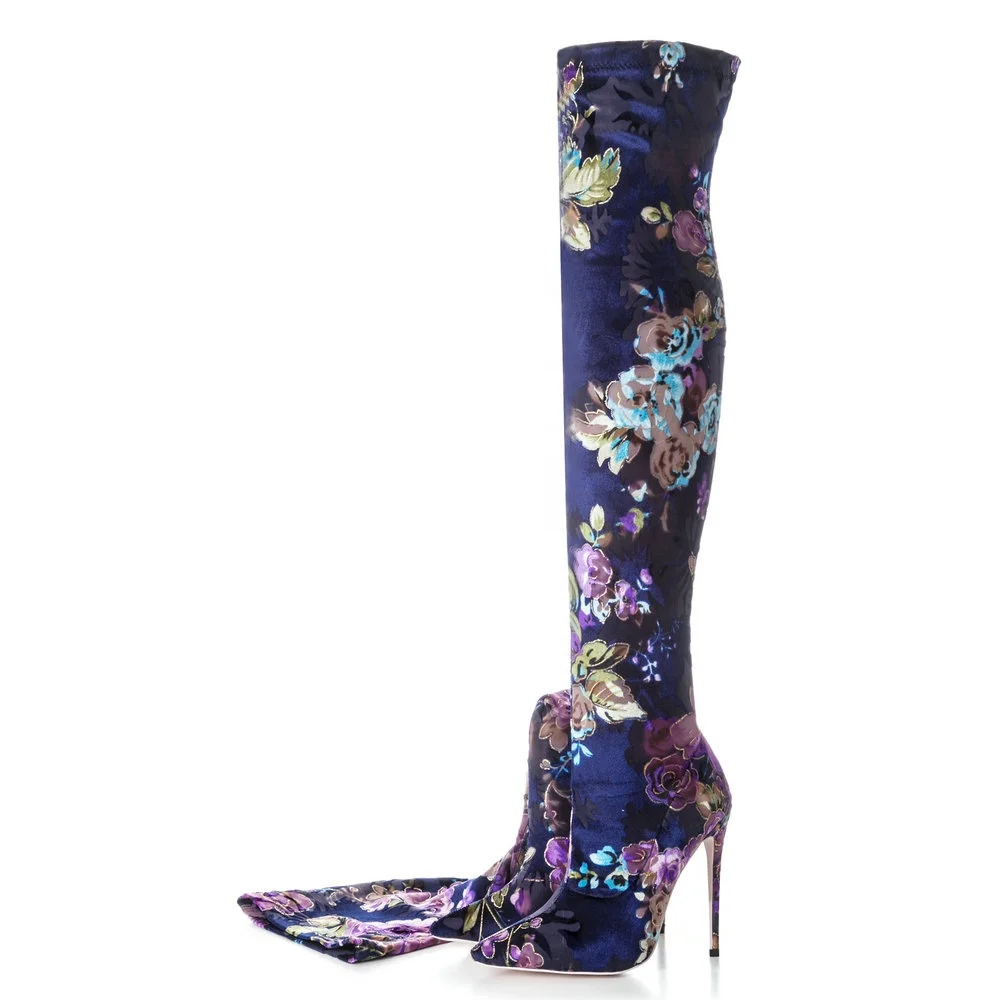 
Fashion High Quality Floral Women Over The Knee High Boots Stretch Thigh High Boots Pointed Toe Flower Winter Boots FoR Ladies 