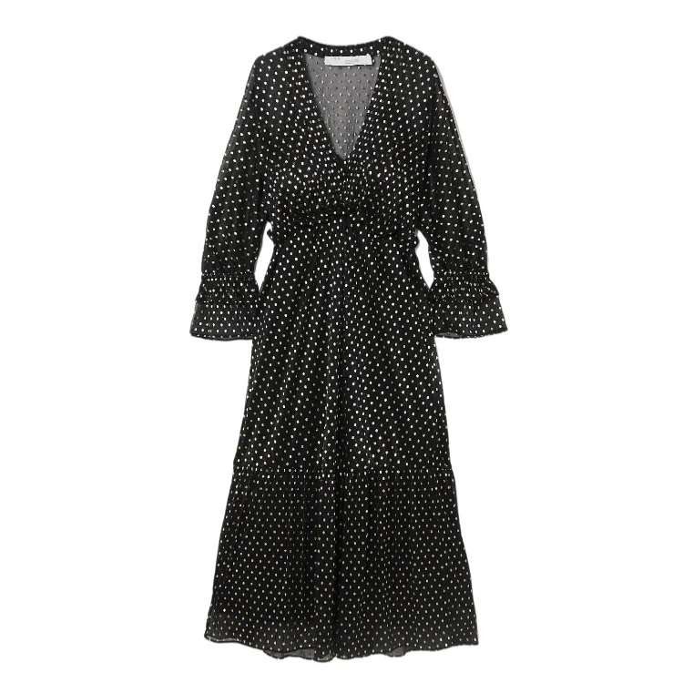 2023 New arrival short sleeve chiffon polka dot dress casual women midi v-neck loose black dress fancy and elegant for summer