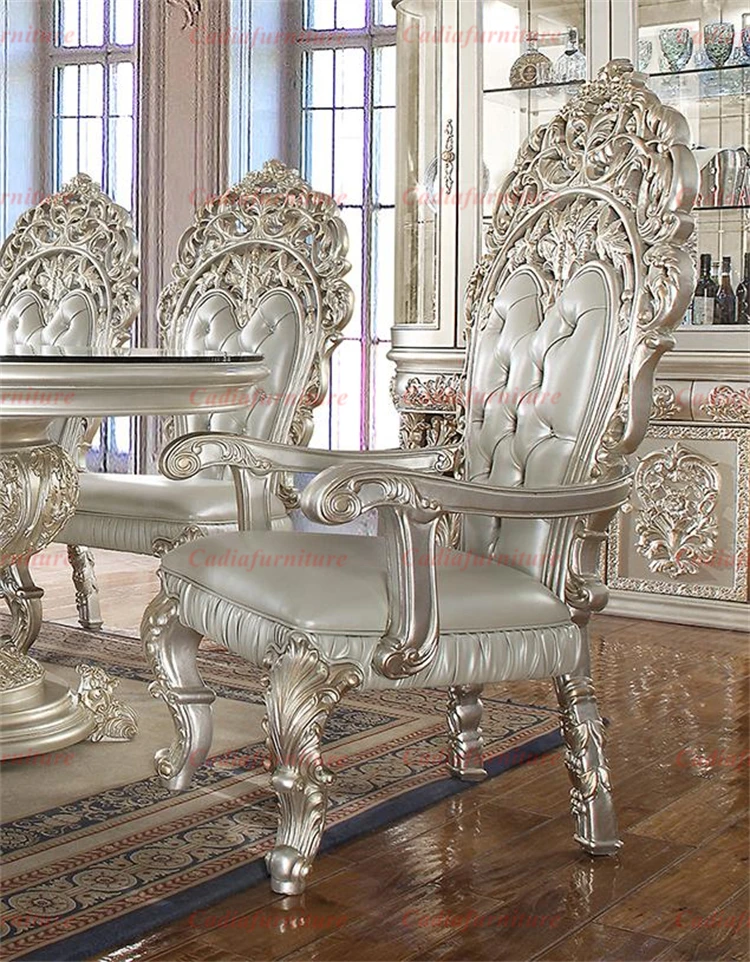 Wooden Design Round Dining Table with 4 Solid Wood Carved Leather Chairs American Luxury Room