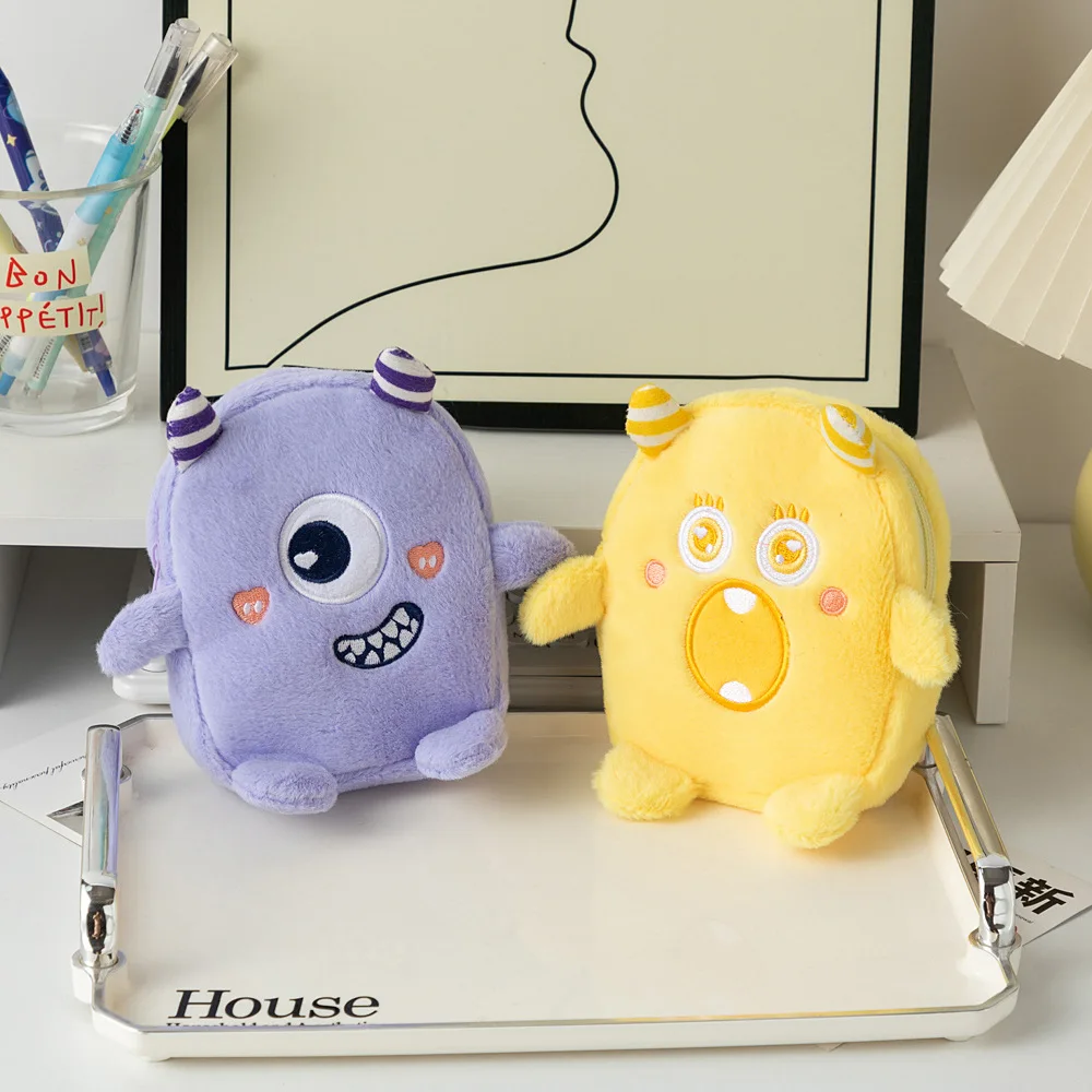 Cute Cartoon Monster Coin Purse Unisex Zipper Storage with Big Eye Funny Colorful Plush Doll and Key Use
