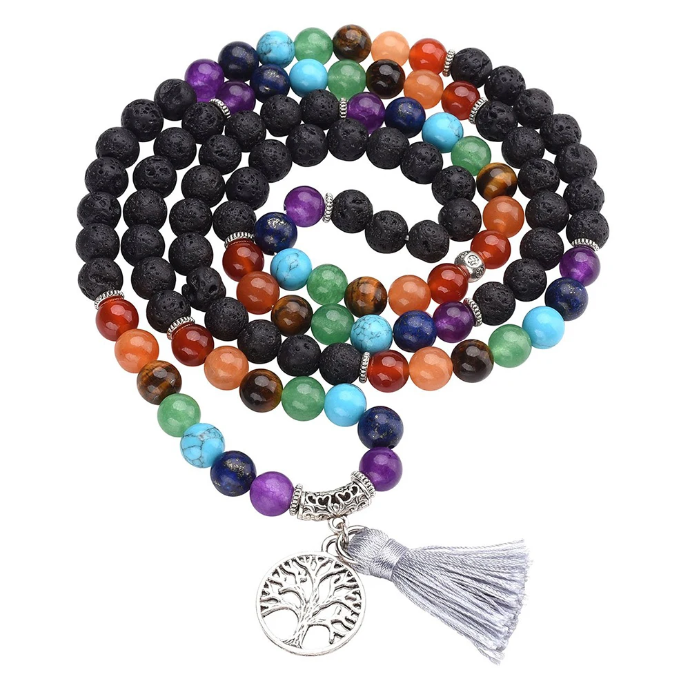 Natural 7 Chakra Healing Mala Prayer Beads 108 Beaded Tassels Wrapped Stone Bead Stretch Bracelet Necklace Jewelry