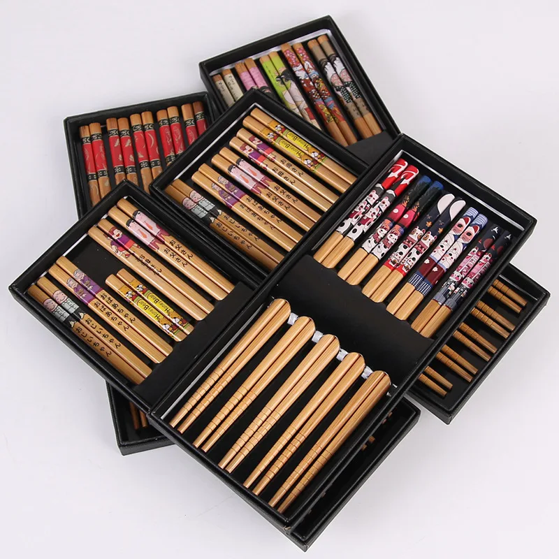 5 pair Gift Natural Reusable Japanese Style  Chop Sticks Set Dishwasher Hotel Home Custom Chinese Bamboo Chopsticks