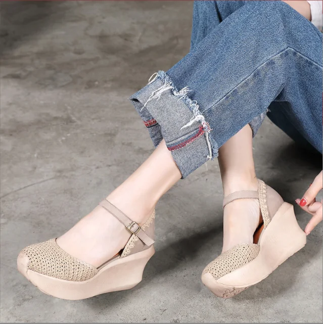 2022 new hand knitted leather wedge heel platform women shoes