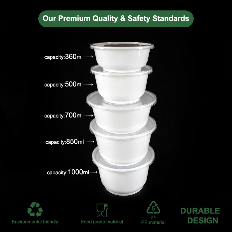 Disposable Plastic White Round Takeaway Fruit Salad Soup Food Bowl Container With Lid