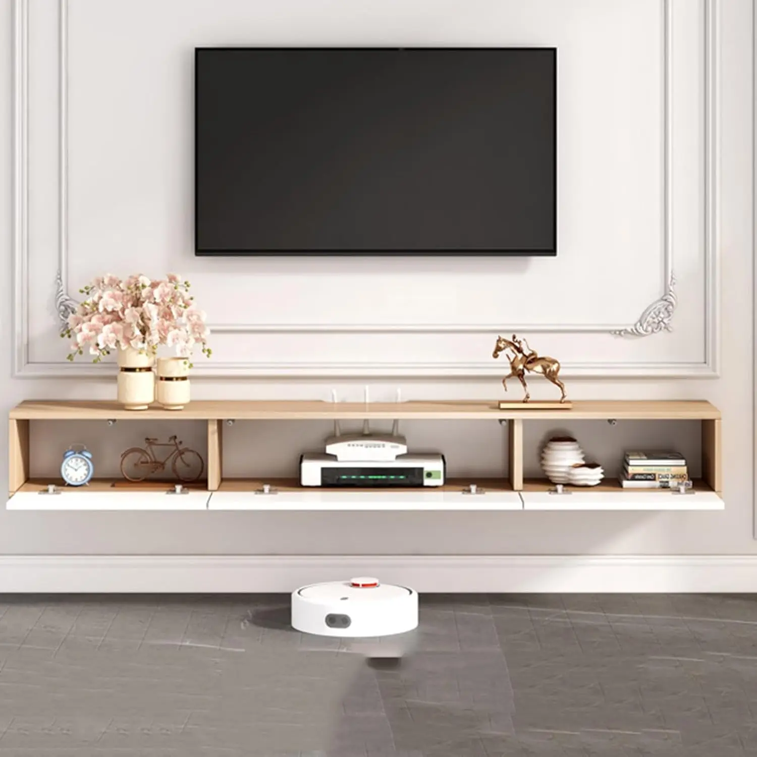 Wall mounted entertainment TV stand cabinet with storage shelf for living room bedroom furniture