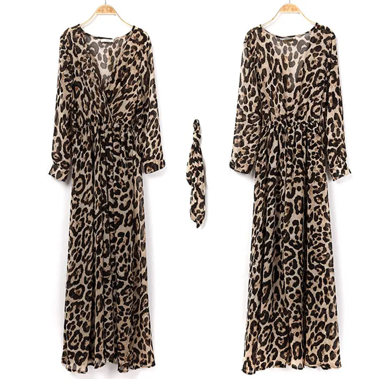 Female Dresses Women Casual Dress Leopard Print Sexy African Long Turkey Plus Size A-Line Maxi Long Chiffon Dress