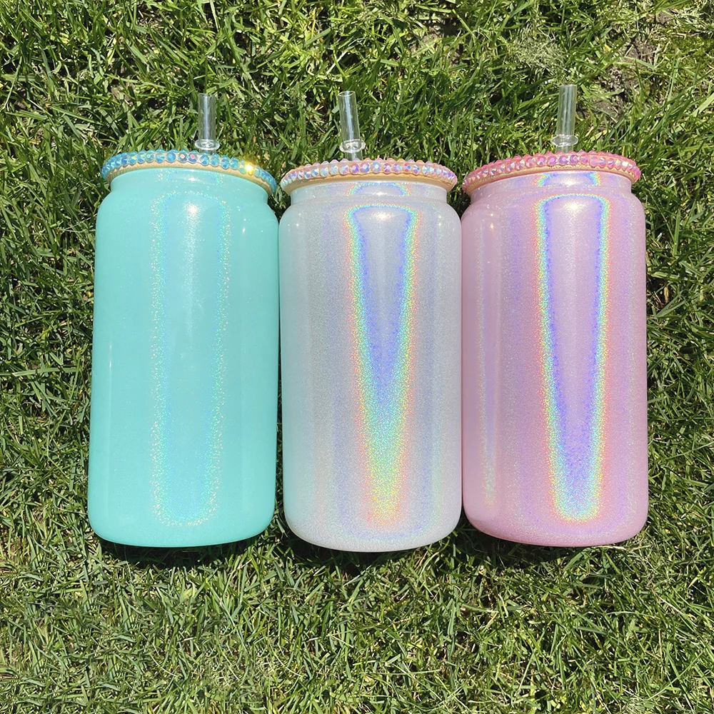 Wholesale Bulk 16oz blue pink white silver purple Shimmer Glitter Glass Can blank sublimation glass cup with bling lids