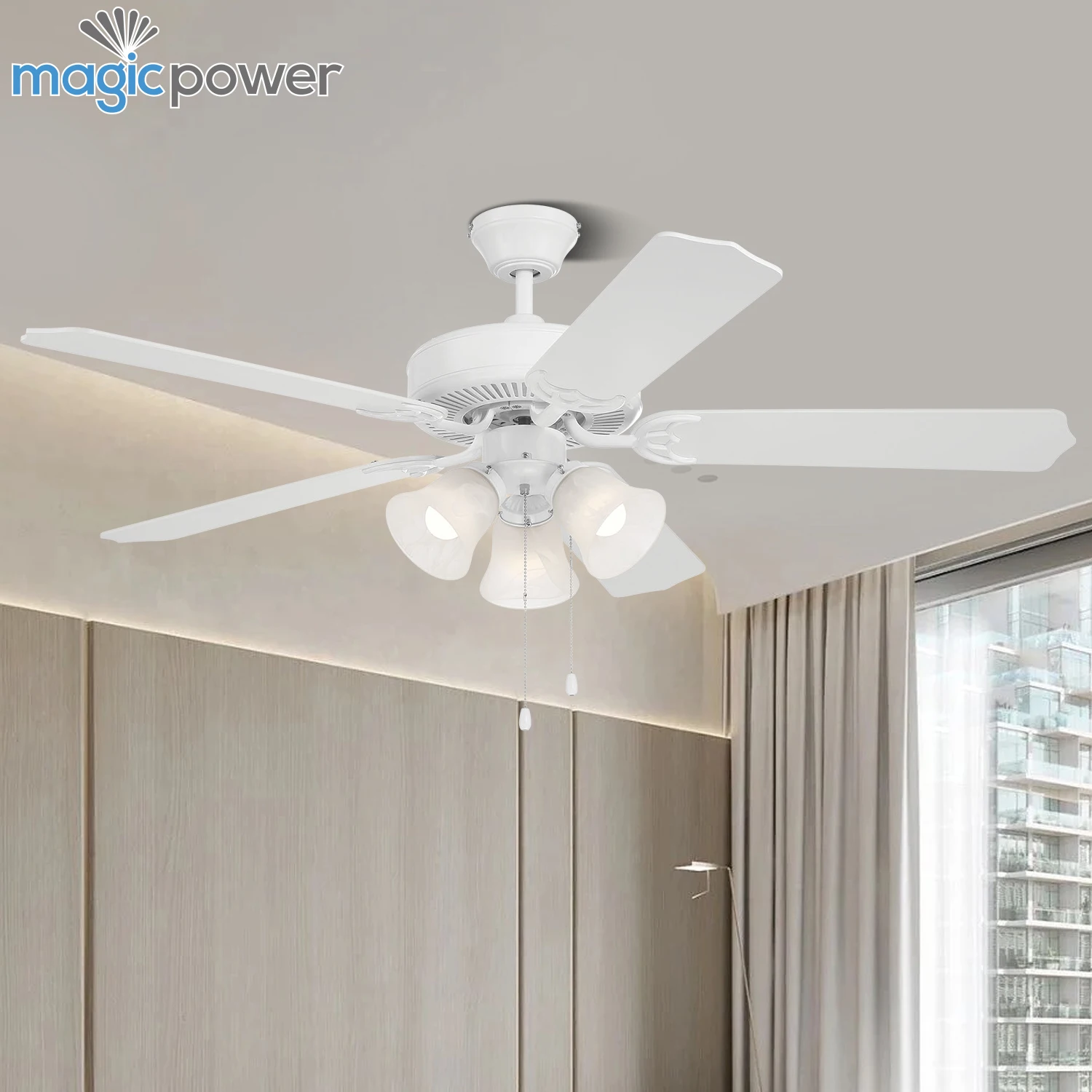 Modern 52 Inch LED Ceiling Fan 5 Wooden Blades Glass Lamp Body AC Motor Energy Saving Decorative Ceiling Fan