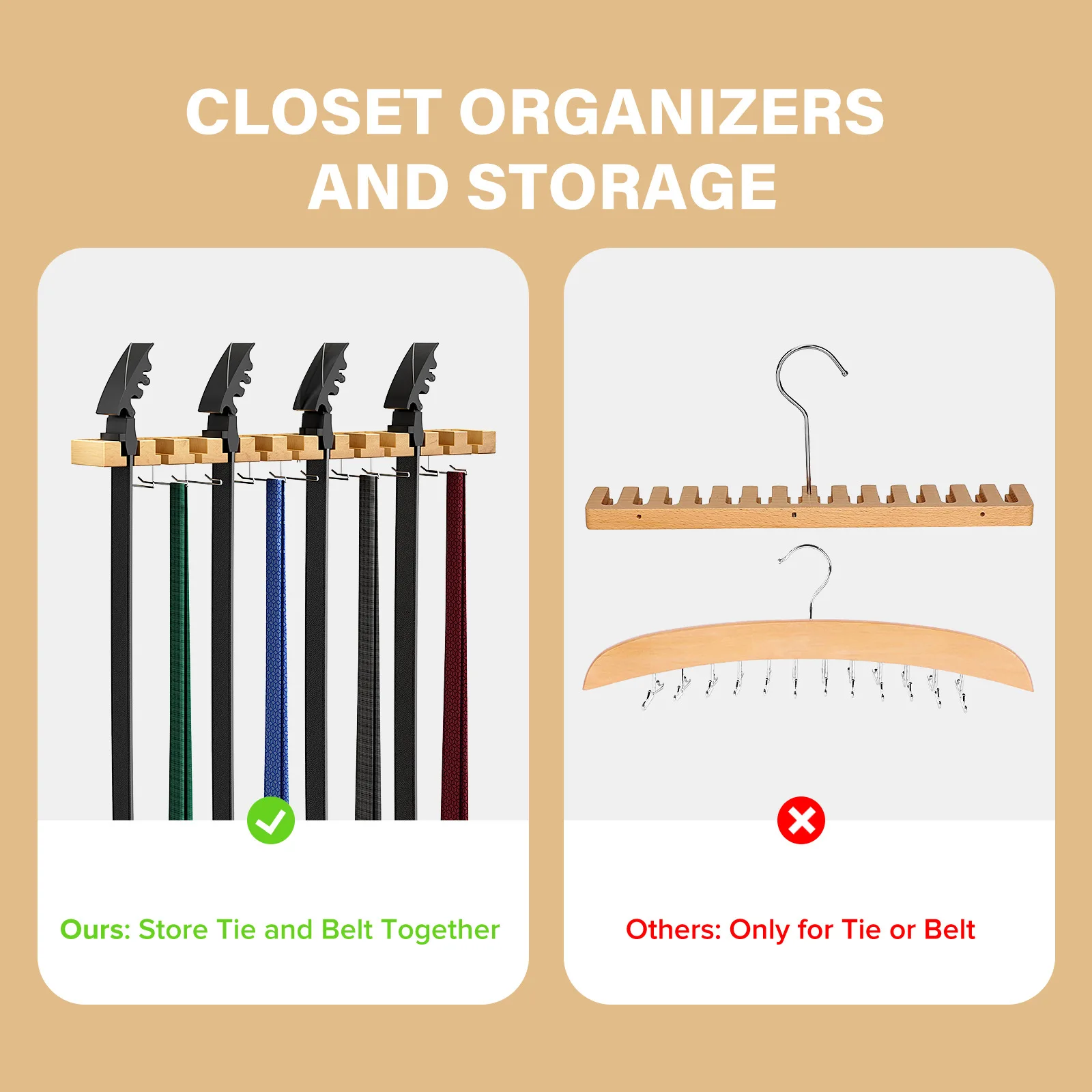 DS3736 Wall Mount Belt Rack Space Saving Ties Organizer Wooden Tie Rack Tie Hanger Walnut Wood Belt Hanger for Closet