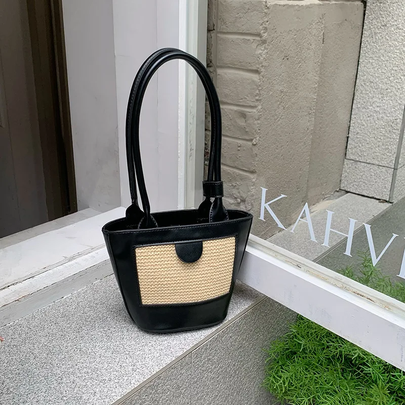Hot sale ladies designer hand bag shoulder straw bucket bags women handbags