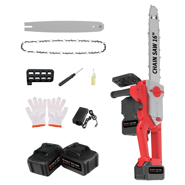 Super power lithium battery operated wood cutting chain saw machine electric cordless 16-inch chainsaw with spare accessories