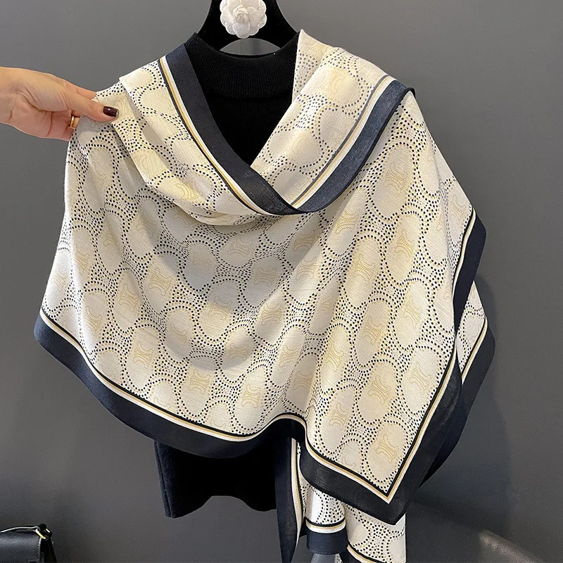 High Quality Luxury Designer Brand Logo Printed Cotton Wool Scarves Fashion Lady Stylish Beach Cover Shawls Muslim Women Hijabs