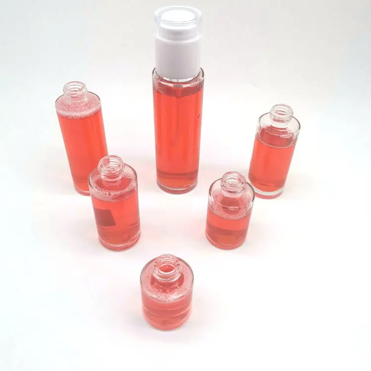 wholesale 20ml 30ml 40ml 50ml 60ml  90ml 100ml round straight glass lotion bottle with pump sprayer glass dropper