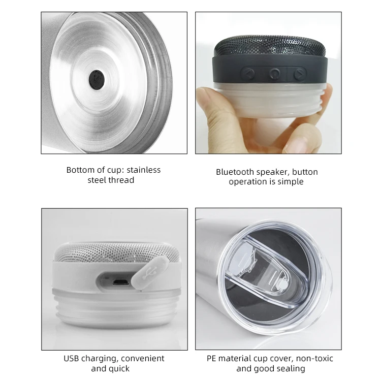 Smart 20oz White Sublimation Blanks Straight Speaker Tumbler Display Water Bottle USB Charging for DIY Printing