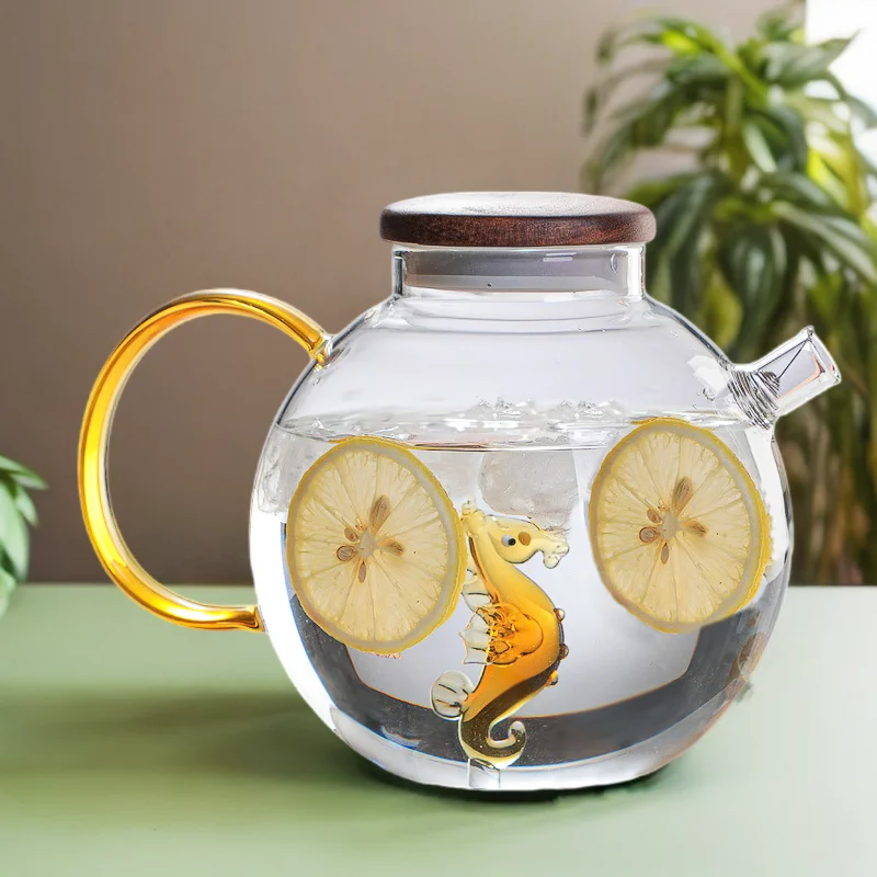 Colored Heat Resistant Round belly Glass Water Pot Borosilicate Handcrafted Mosaic animal Pattern Glass Water coffee pot