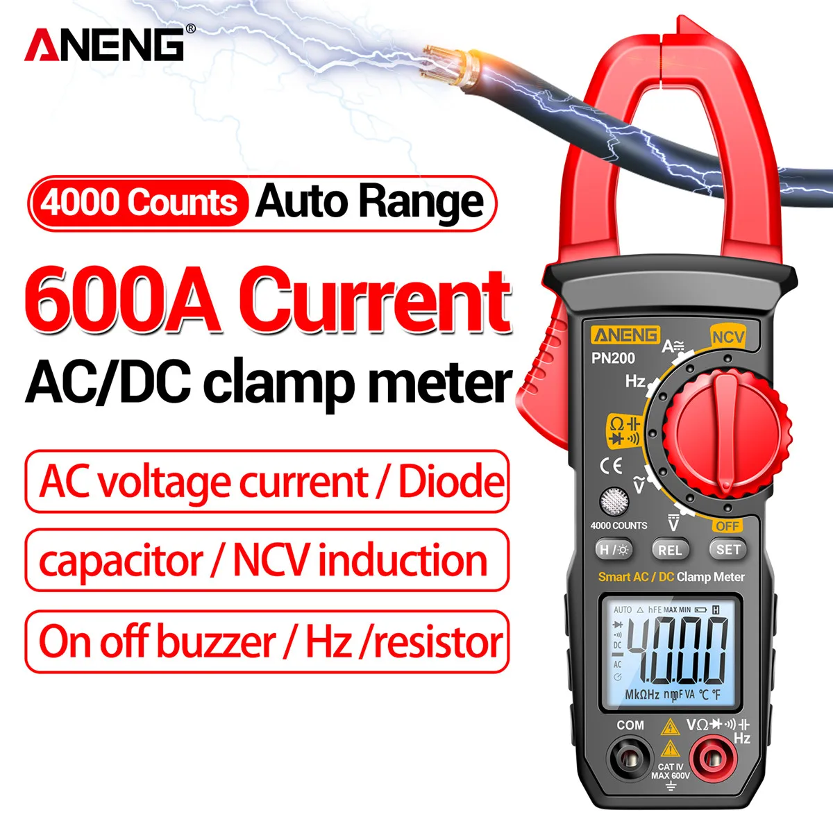 ANENG PN200 Цифровые токоизмерительные клещи DC/AC 600A ток 4000 отсчетов мультиметр переменного тока Амперметр тестер напряжения автомобиля Гц постоянной ёмкости универсальный конденсатор