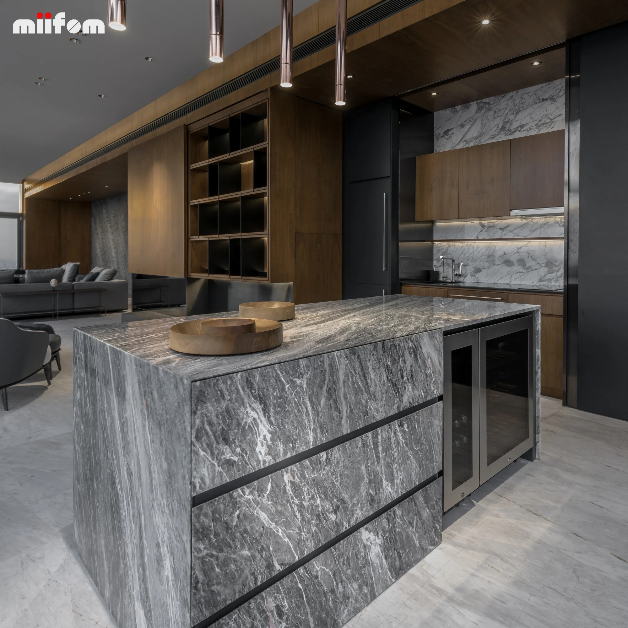 Walnut Wooden And Dark Grey Open Modern Multifunctional Sliding Door Kitchen Cabinets