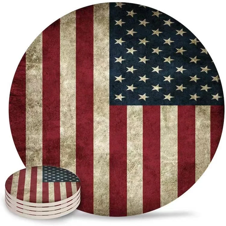 Stone Absorbent Round Coasters with Cork Back, Stylish Drink Spills Ceramic Coasters American Flag
