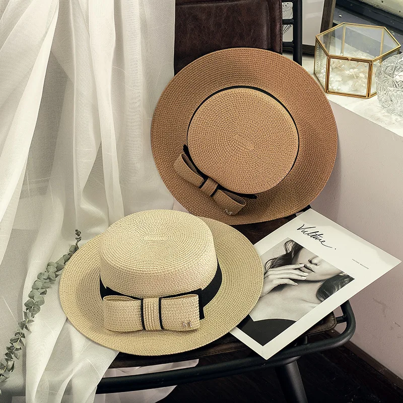 2022 Summer Bowknot Ladies Wide Brim Flat Top Sunshade Beach Straw Hat For Women