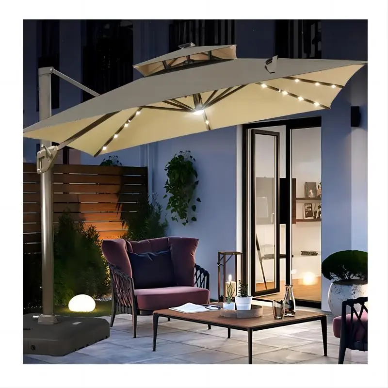 Garden Patio European Style Led Parasol Roma Solar Light Umbrella For Coffee Shop