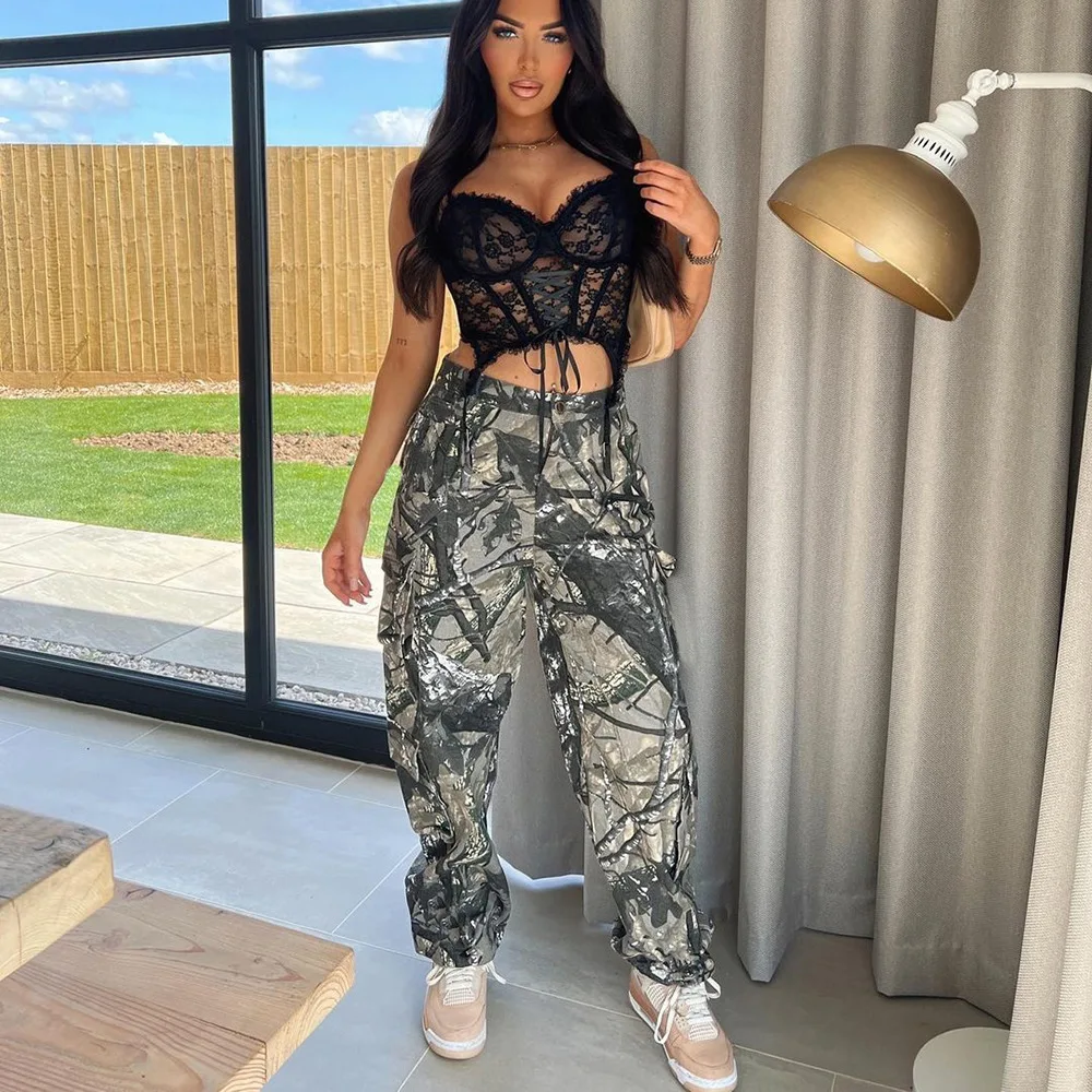 2022 New Arrivals Camouflage Cargo Pants With Pocket High Waist Sweat Pants Joggers Women Street Wear Camo Pants
