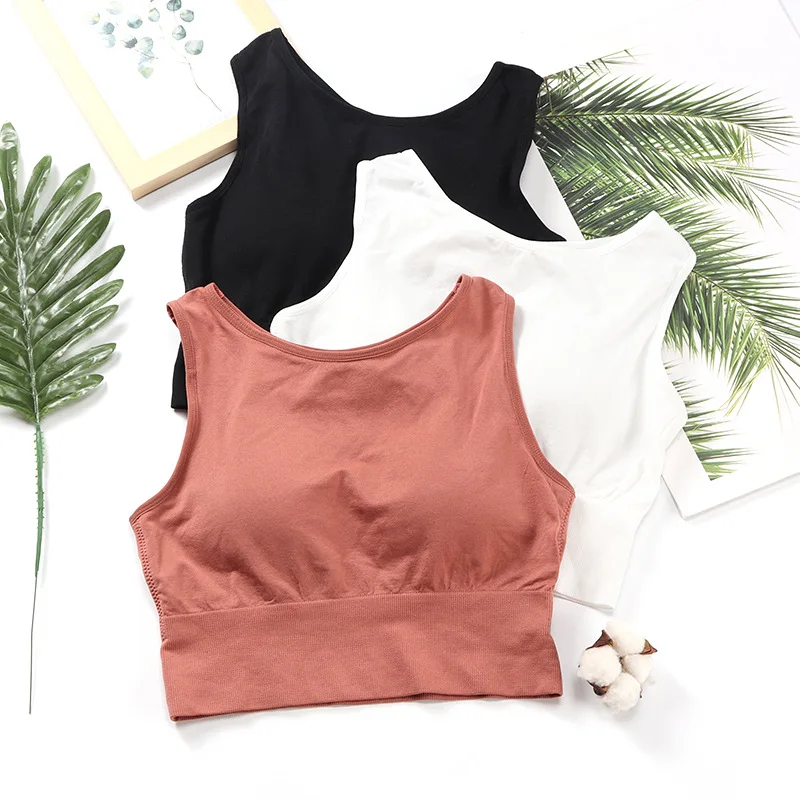 Hot sell wire-free pure color seamless chest pad underwear vest shockproof gathering movement beauty back bosom bound woman