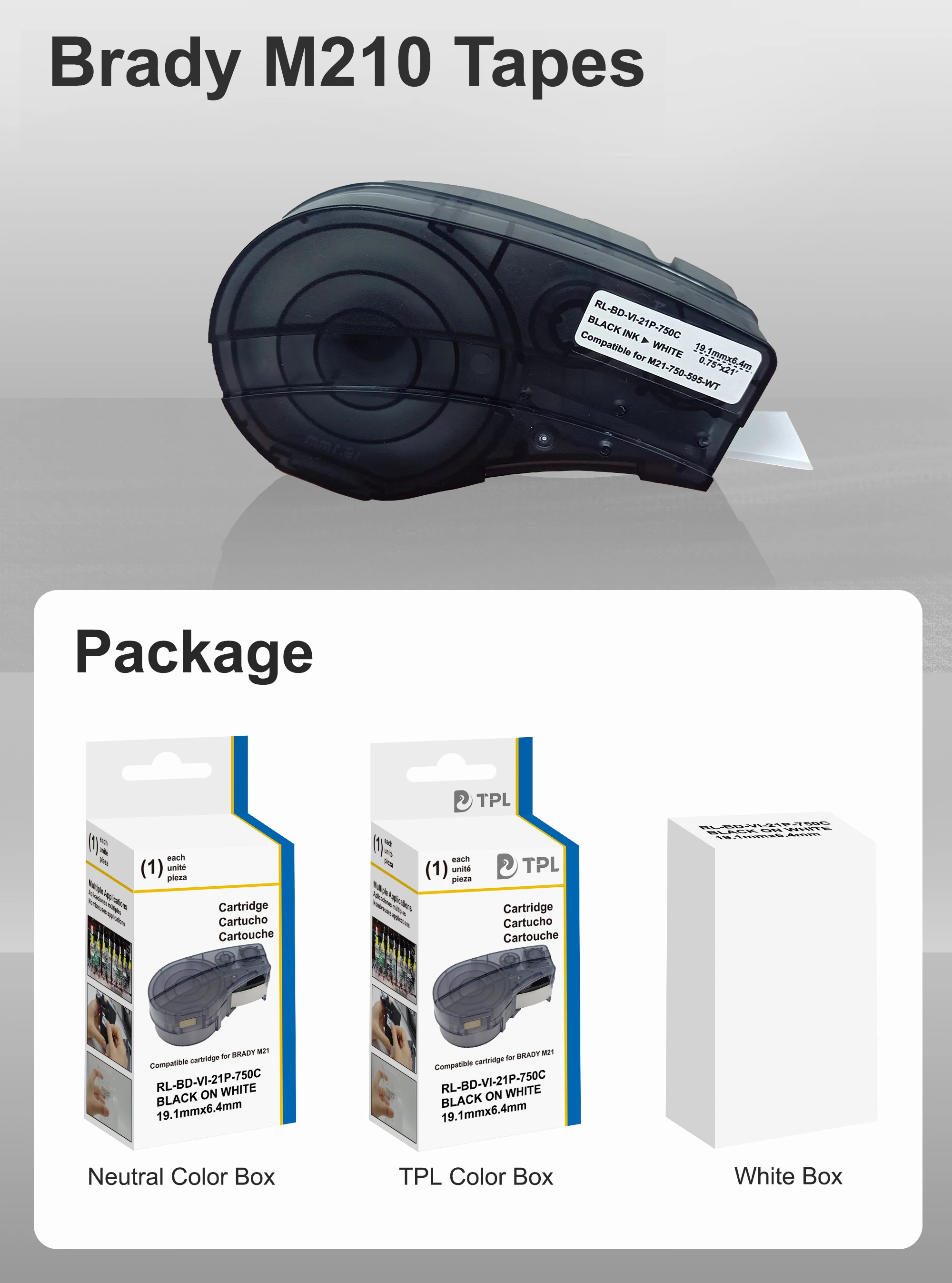 TPL Compatible Brady M21-250-423 6.35MM*6.4M Black on White Cartridge Label Tape for Brady M210 M211 M210-LAB