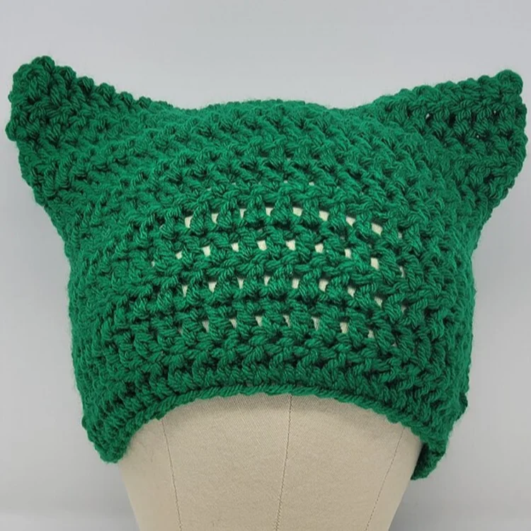 F9266 new green color cat ear pattern beanie custom woolie acrylic hat chunky warm women handmade square hat for gifts