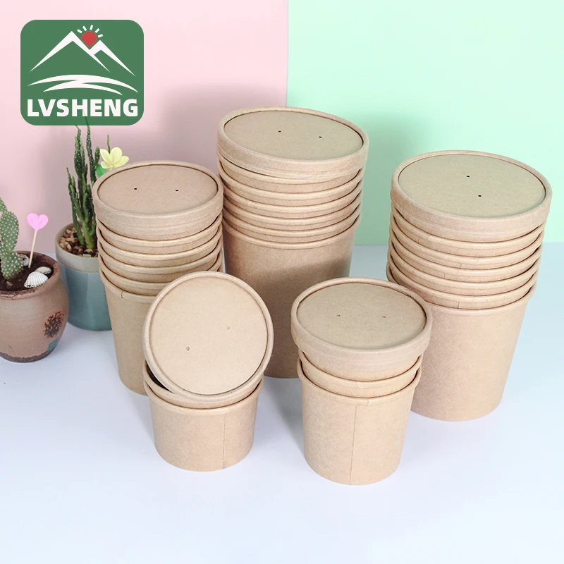 Freezer Containers And To Go Cups Durable Heavy Duty Pint Ice Cream Kraft Paper Soup Bowl with Lid