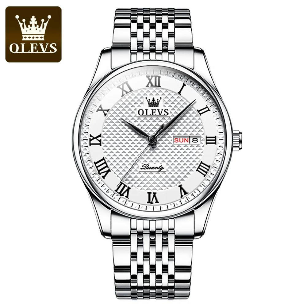Olevs 5562 Luxury Silver Male Quartz Watches Clear Stainless Steel Band Water resistant Date Display Business Hand Wristwatch