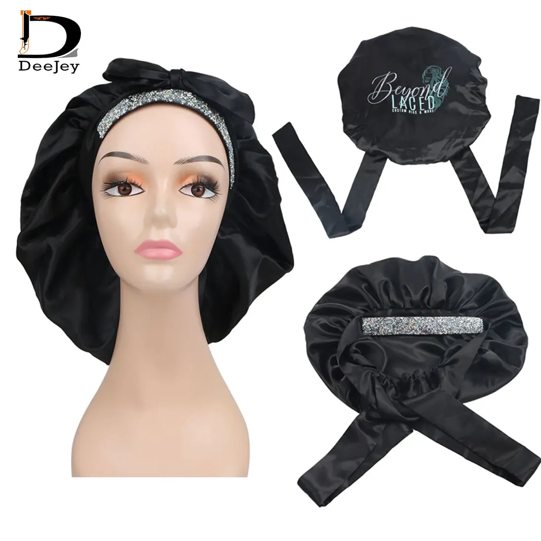 Custom Logo Glitter Diamond Satin Bonnets with Rhinestone Band Double Layer Bonnets and Satin Hair Edge Wraps