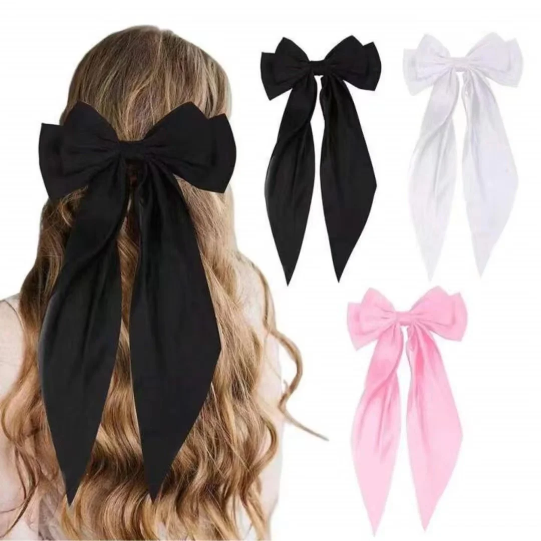Made In China Silky Satin Big Hair Bow Clips Barrettes with Long Tail French Hair Ribbon Bows for Women