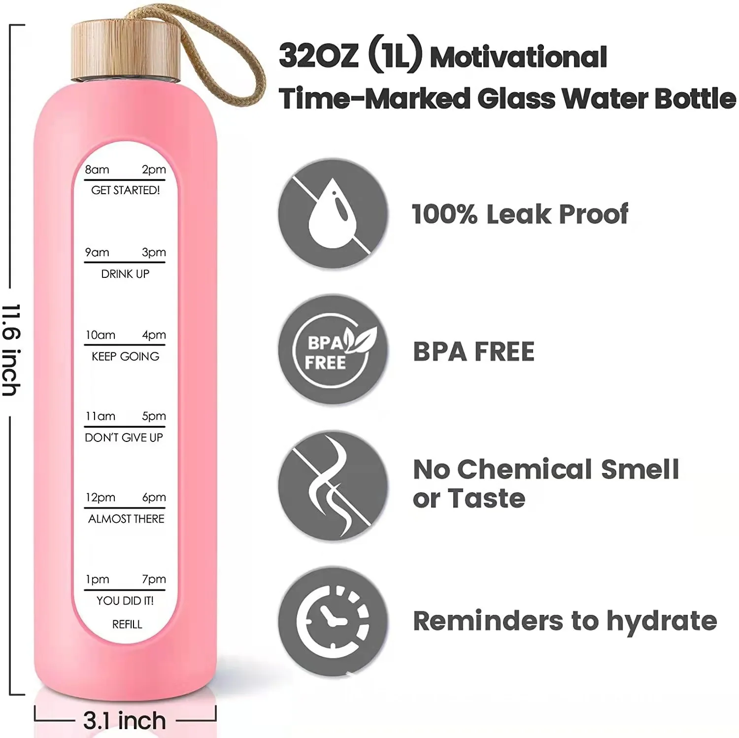 Sports Water Cup Silicone Sleeve Bamboo Cover Large-capacity Cute 1 Liter Glass Water Bottle with Time Marker