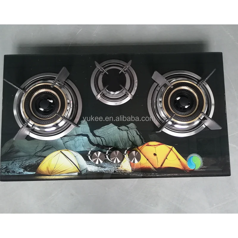 3 Burner Built In Gas Cooker Brass Cover Stainless Steel Pulse Ignition Double Burner Gas Stove Kitchen