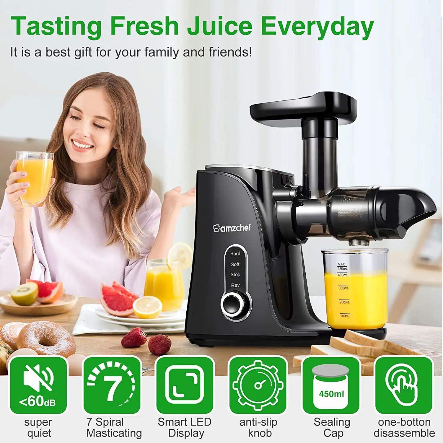 AMZCHEF automatic orange masticating slow juicer ac motor slow juicer wheat grass juicer