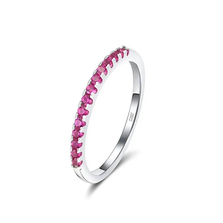 Fashion Wholesale Sterling Silver Shining Half Roll Pave Colorful Daily Gift Natural Ruby Sapphire Emerald Gemstone Ring