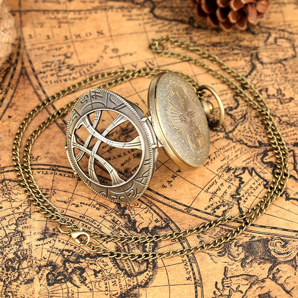 Antique Bronze Necklace Pendant  Green Eye Steampunk Quartz Pocket Watch With Chain For Men Gift Collectibles