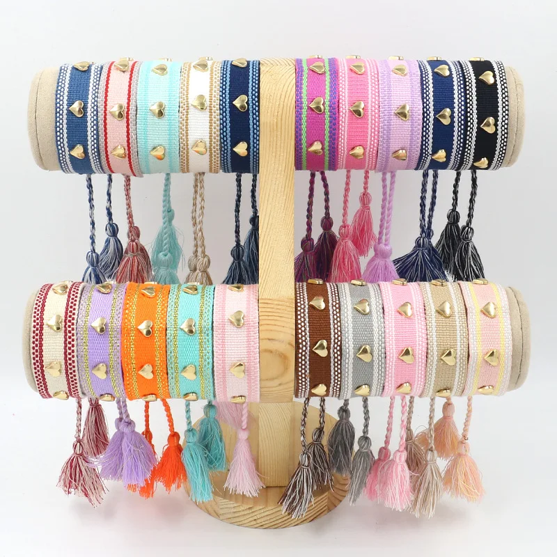 wholesale newest women gold heart rivets bracelets beach jewelry bohemia embroidery woven tassel bracelet