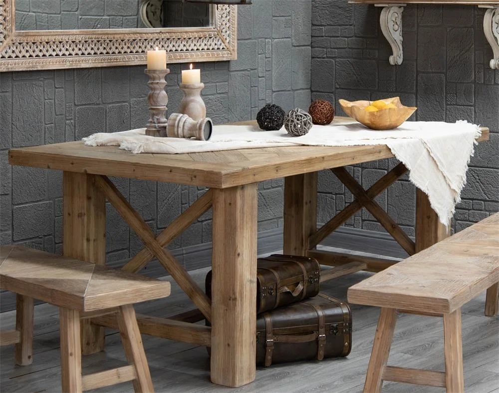 French country farmhouse home furniture rustic style rectangle recycled pine solid wood dining table