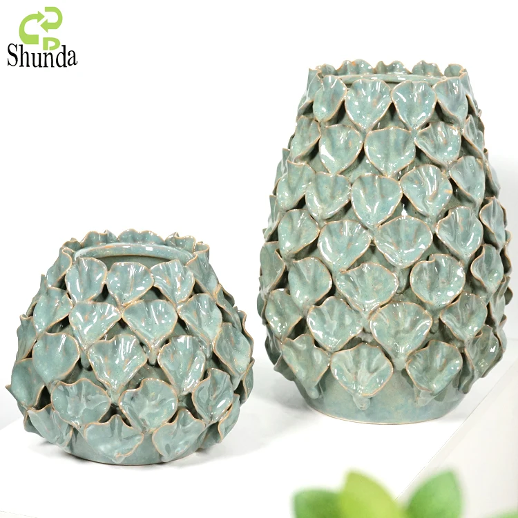 Custom light green copper reactive glaze unique handmade porcelain decoration table vases ceramic flower vase for home decor