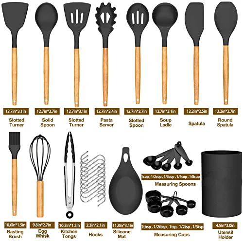 33pcs Nonstick Baking Tool drip pad tong soup spoon ladle pasta patula turner brush Silicone Wood Handle Kitchen Utensils Set