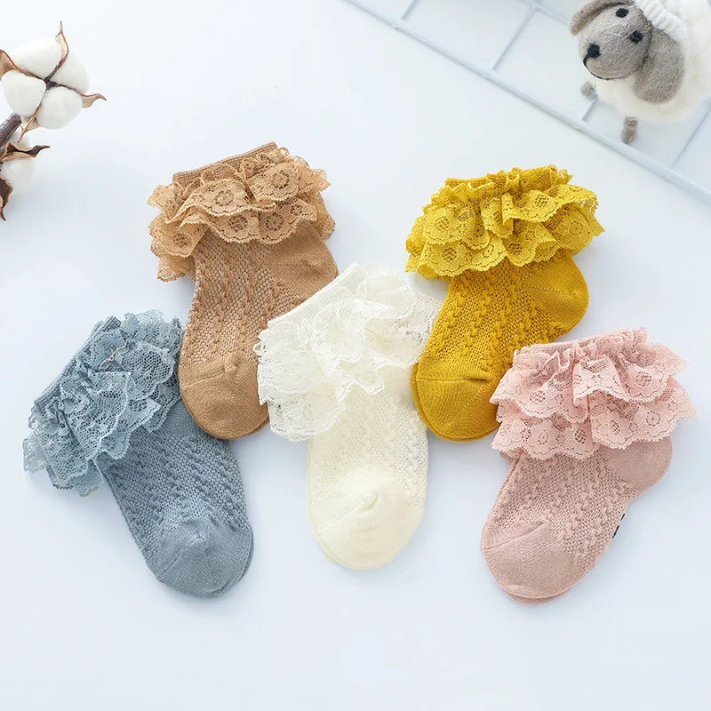 New born girl kids baby socks cotton crew knit with lace ruffle tutu socks