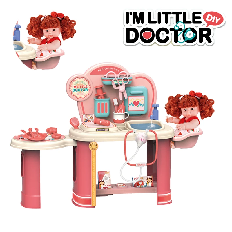 Multifunction puzzle hospital pretend play Diy Kids Doctor Toy Set Vinyl doll video game with music and light toy