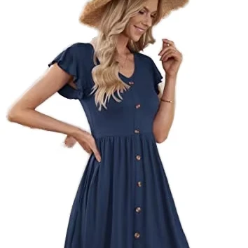 Women Summer Dresses Sleeveless Casual Loose Swing Midi Flare Button-down Dress With Pockets