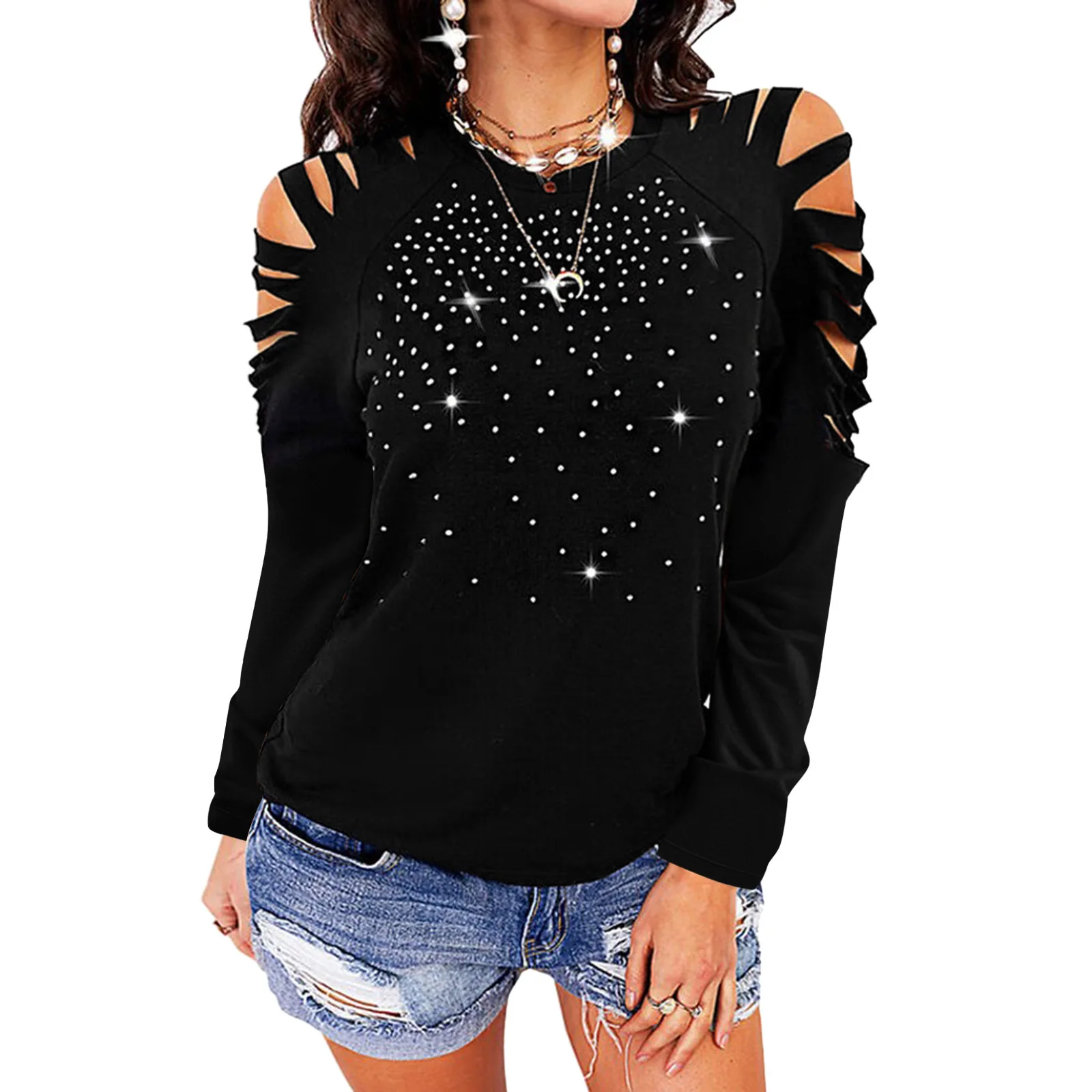 Autumn and winter new round neck hot drilling hollow long-sleeved off-the-shoulder top T-shirt