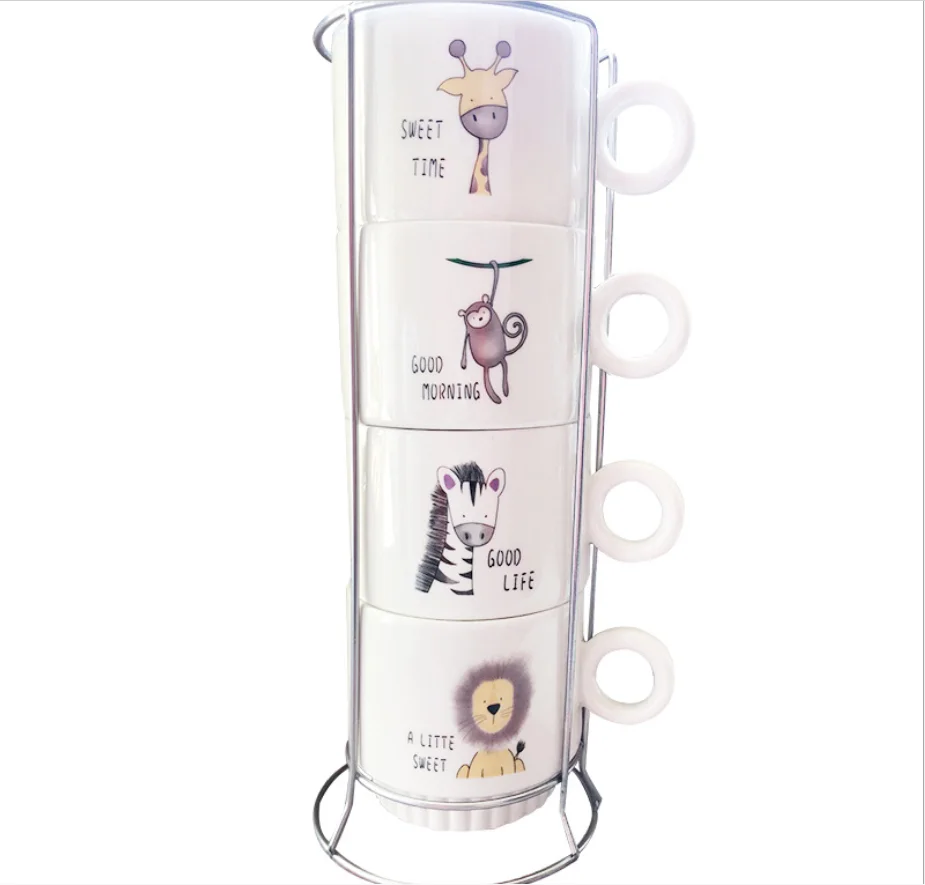 Best selling Porcelain Stackable Ceramic Espresso Cups latte coffee mug and Metal Stand