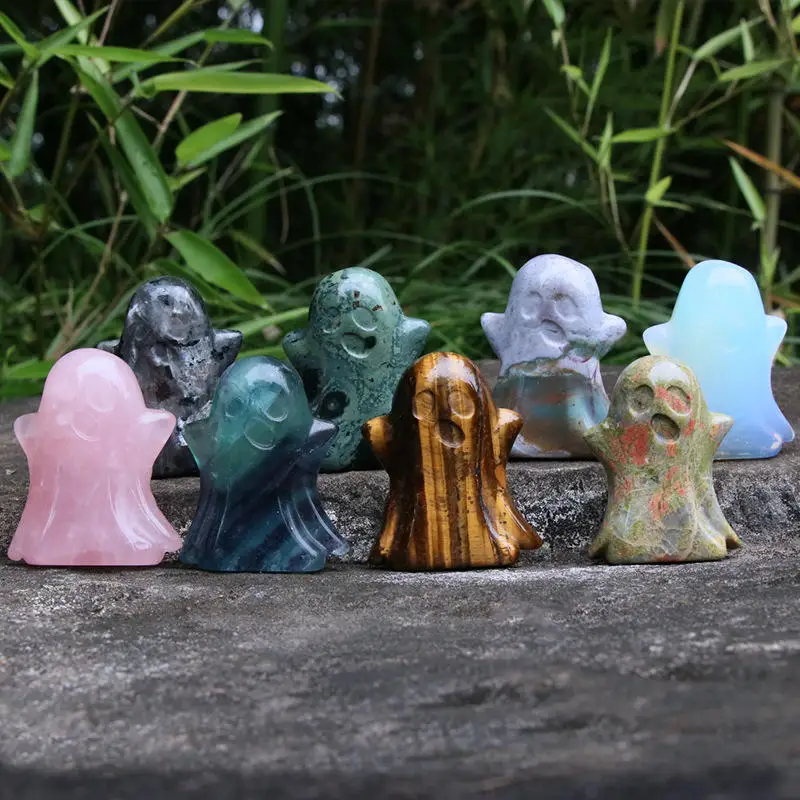 ODM OEM Natural Crystal Stone Ghost Figurine Statue Hand Carved Gem Halloween Specter Spirit Reiki Healing Crystal Tumble Stones