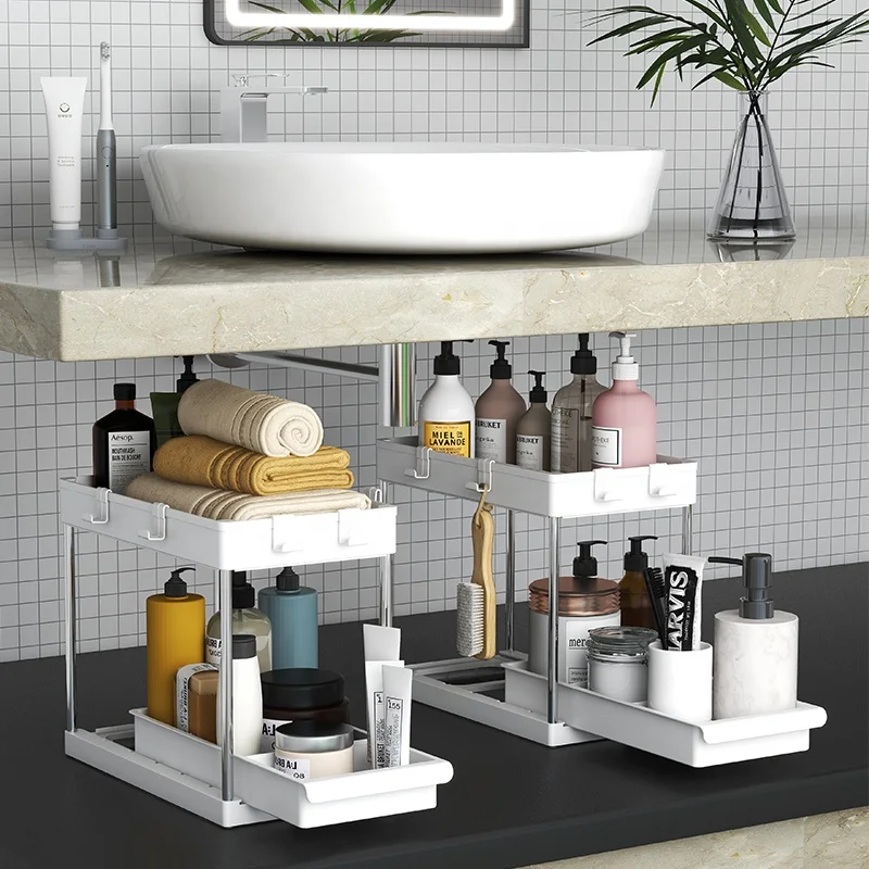 2 Pack Under Sink Organizer 2 Tier Under Sink Storage Organizer with Hooks and Hanging Cups for Bathroom,Kitchen Multi-Purpose S