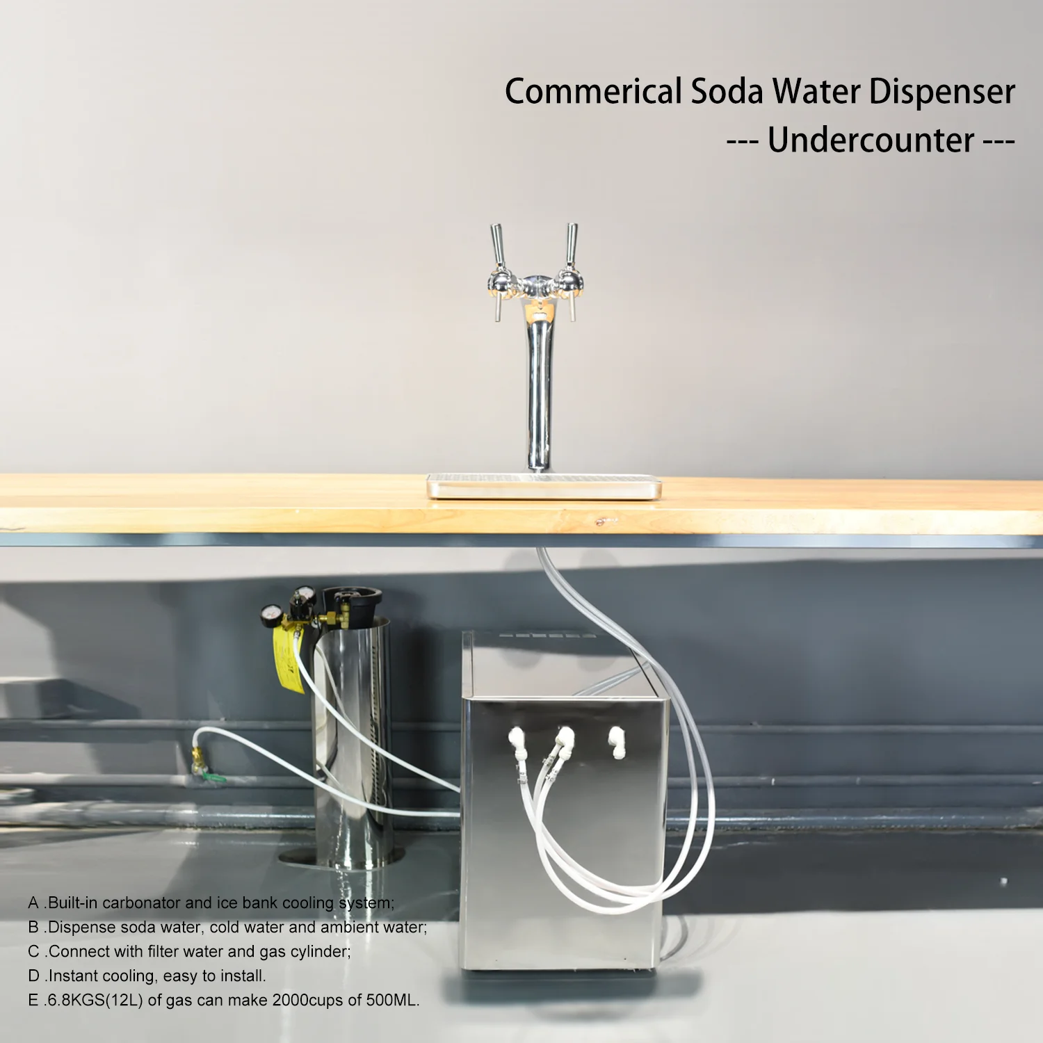 Under counter sparking water machine with 3 taps and stainless steel drip tray to dispense soda water