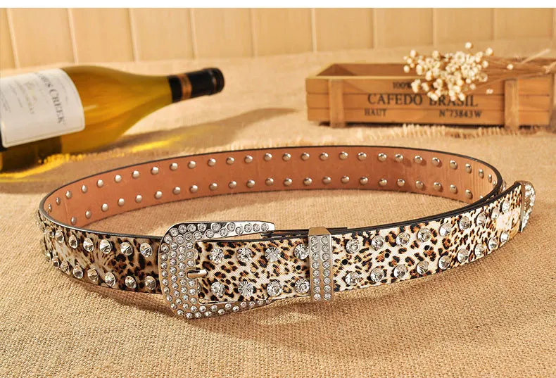 customizable Women Girls Leopard Waistband Alloy PU Leather Waist Belts Rhinestone Leopard Buckle Belt